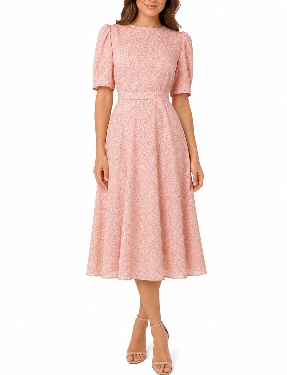 Rachel Parcell Pink Ditsy Floral Puff Sleeve Midi Dress Vintage Style Size M - Picture 1 of 12